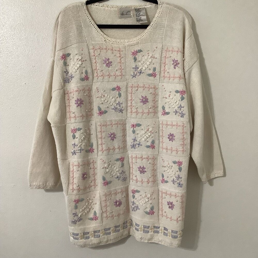Vintage 90s Cottagecore Fairy Kei Patchwork Feminine Knitted Sweater 24W Winter